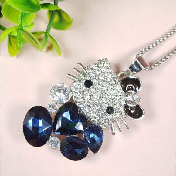 Brand New Hello Kitty Silver Rhinestone Blue Crystal Necklace - Picture 1 of 7